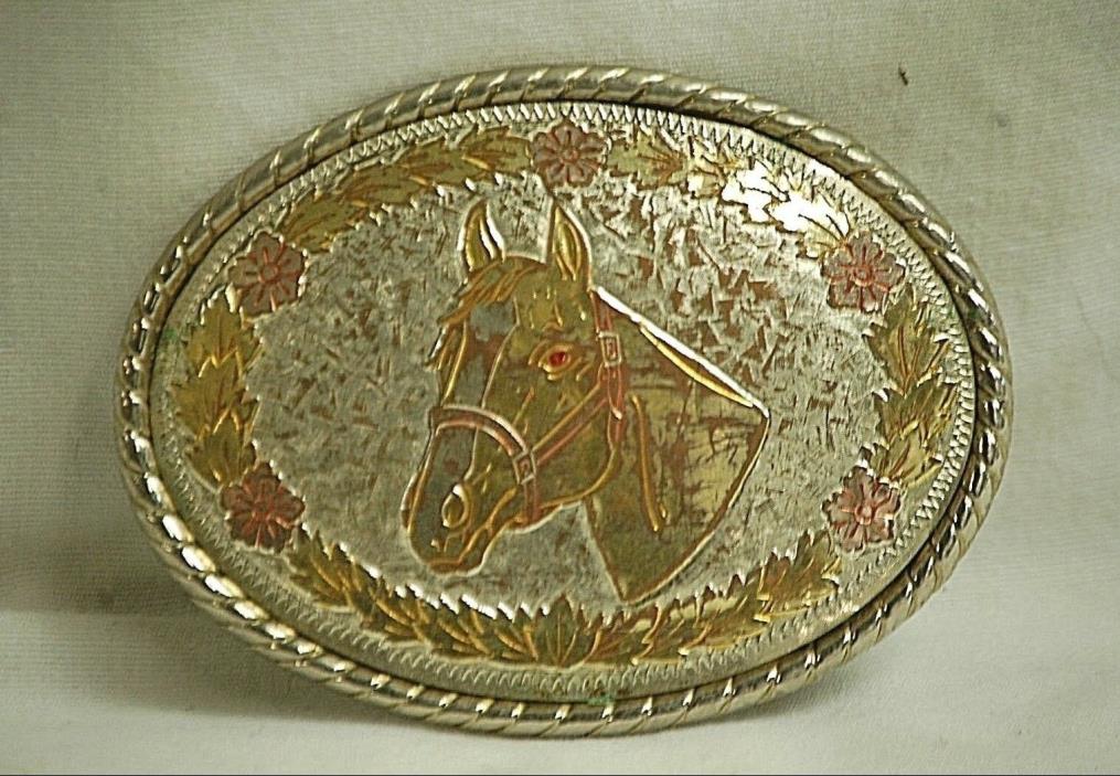 Classic Style Copper & Brass on Metal Horse Head Cowboy Western Belt Buckle USA