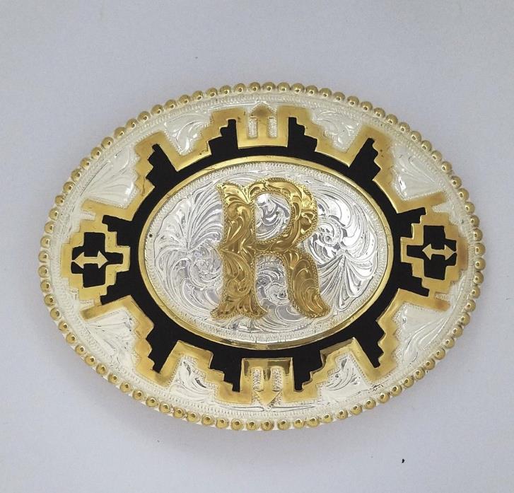 Large/Big Western Vintage Initial R Belt Buckle Silver & Gold Plated  by Justin