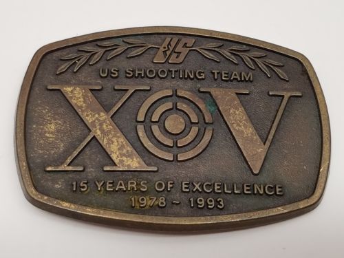 VTG US Shooting Team Metal Belt Buckle 15 Years Of Excellence 1978-1993XV Patina