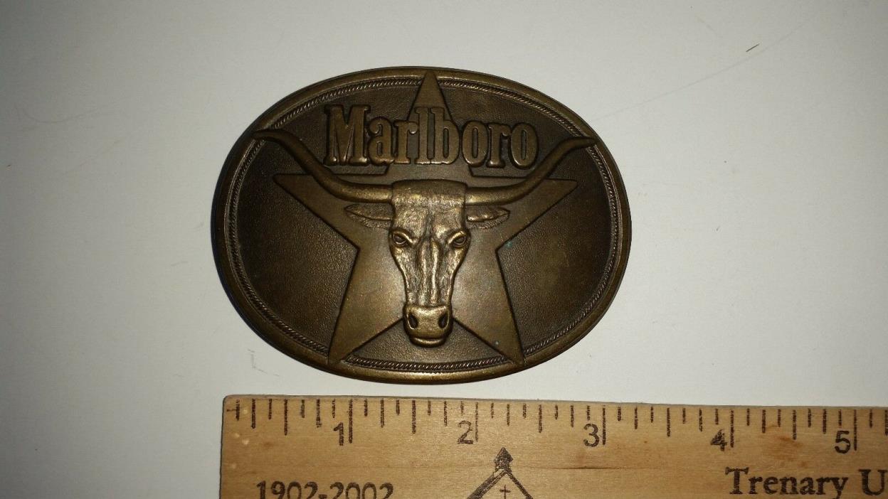 Vtg 1987 MARLBORO Brass Belt Buckle Philip Morris Cigarettes Tobacco