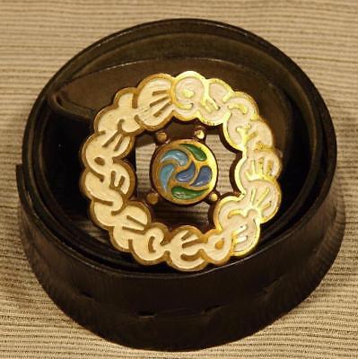 70's Vintage Starship Earth enameled brass buckle & leather belt Hippie
