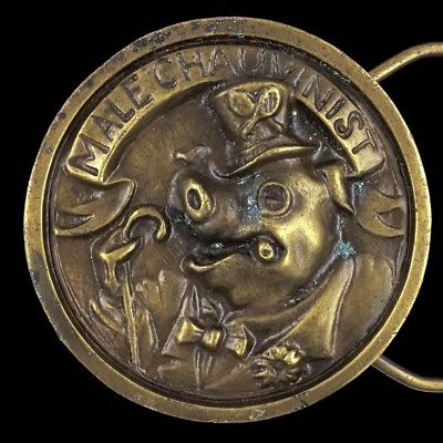 Vtg NOS 70s Male Chauvinist Pig MCP Hog Boar Bobby Riggs Humor Belt Buckle