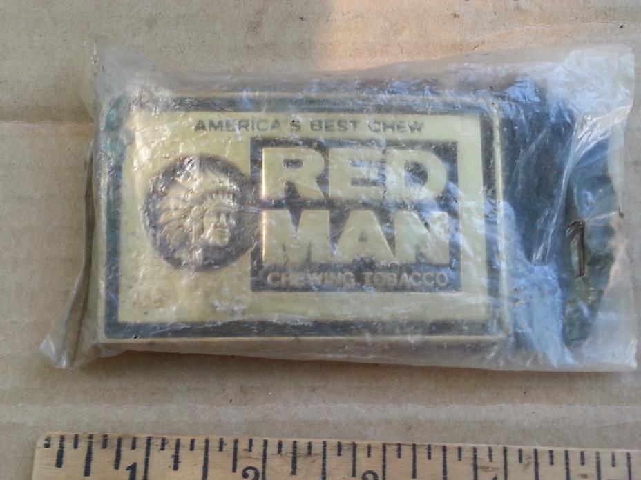 Red Man Chewing Tobacco 1970's Vintage SOLID BRASS Belt Buckle NOS MIP