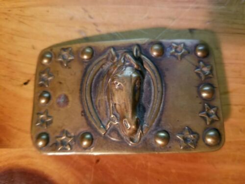 Vintage 1950's Horse Head Stars Brass Belt Buckle Western Cowboy Rodeo
