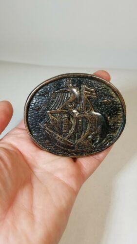 Vintage Old Sailing Ship Boat Solid Brass Belt Buckle Ocean Water Oval Nautical
