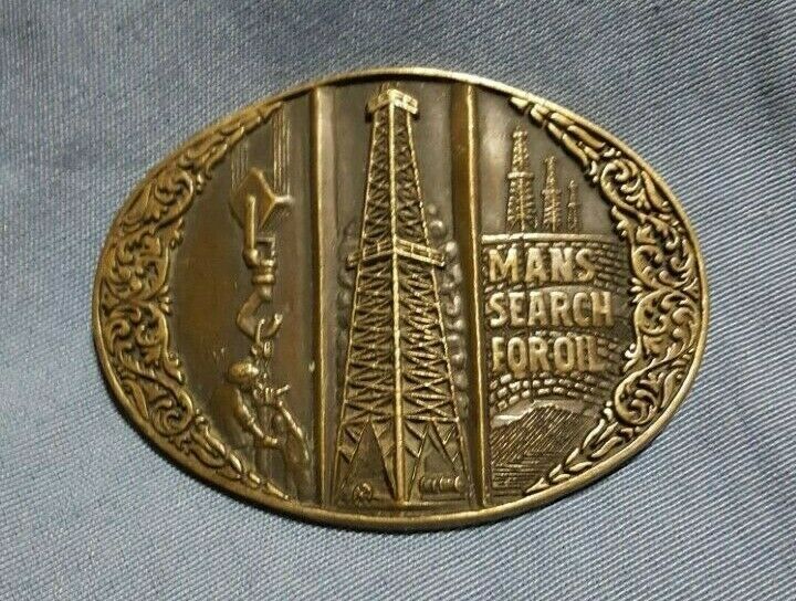 Mans Search For Oil Belt Buckle Solid Brass Award Design Medals Vintage