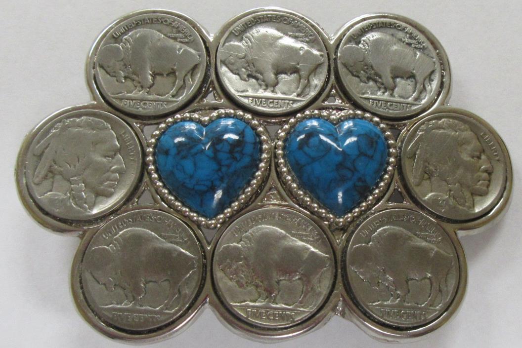 Vintage Buffalo Nickel Belt Buckle with 8 Coins & 2- Heart Stones