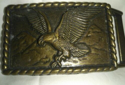 Vintage American Eagle Flying Over Mountains Brass Belt Buckle