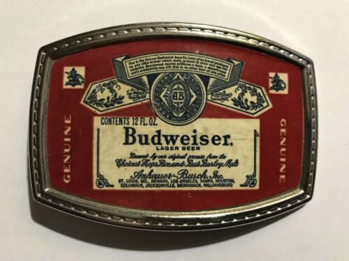Vintage 1970's Budweiser Lager Beer Bottle Label Metal Silver Tone Belt Buckle