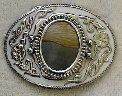 Vintage western Belt Buckle Picture Jasper silver plated with white enamel