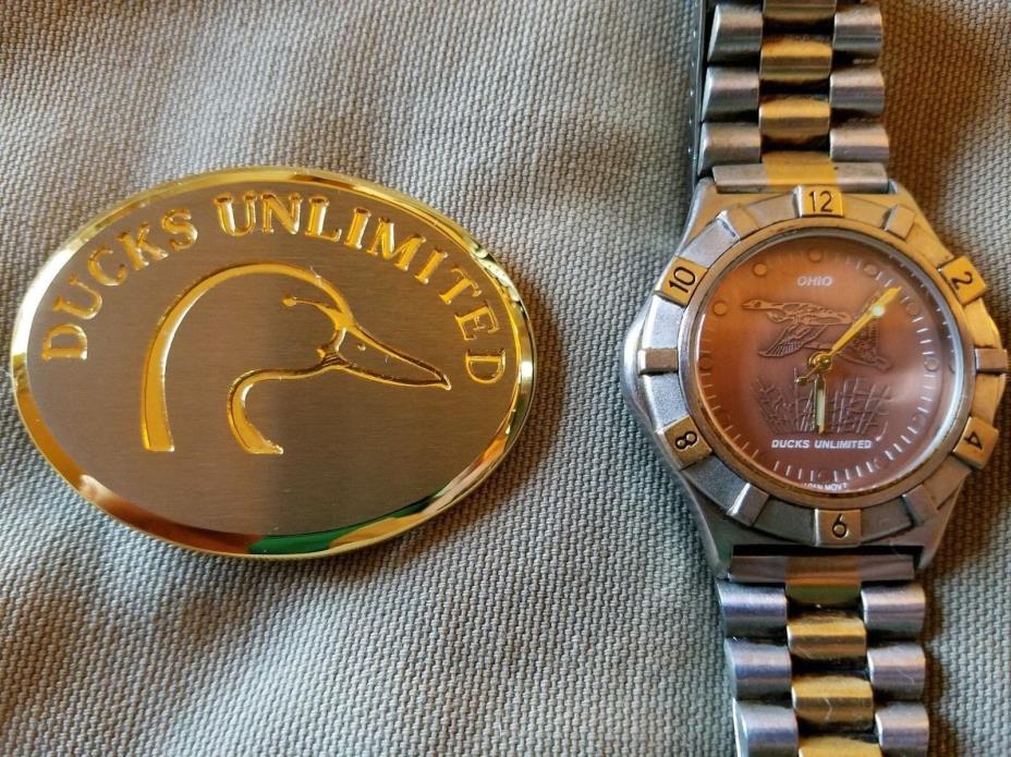 Ducks Unlimited Silver and Gold Belt Buckle and Ohio Watch