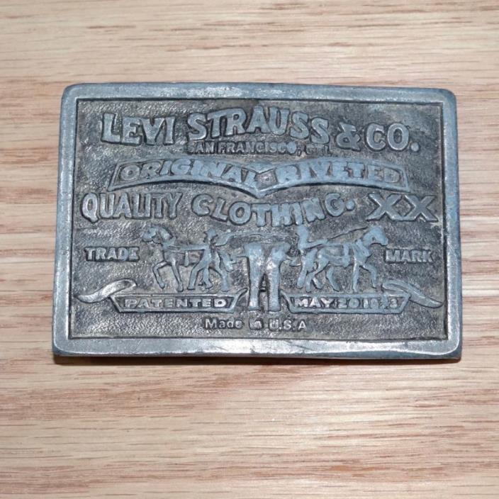 Vtg 1976 Levis Levi Strauss Bergamot Brass Works two horse XX pewter belt buckle