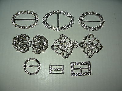 10 Pc. Vintage ART DECO Silvertone & Clear Rhinestone Belt Buckles Lot