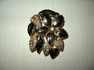 Vintage Victorian Goldtone Black Enamel Clear Crystal Flower Ladies Belt Buckle