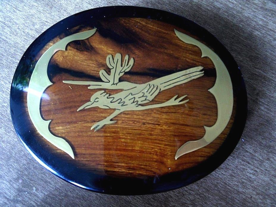 VINTAGE LACQUERED WOOD & METAL INLAY ROADRUNNER SOUTHWESTERN STYLE BELT BUCKLE