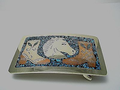 HANDCRAFTED SILVER PLATED BELT BUCKLE TURQUOISE MOSAIC COPPER BUCKLE Mexico 1960