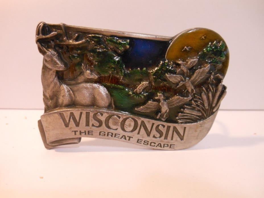 Wisconsin Belt Buckle 3D Brass Works 1984 Made in U.S.A. Deer Ducks D-26