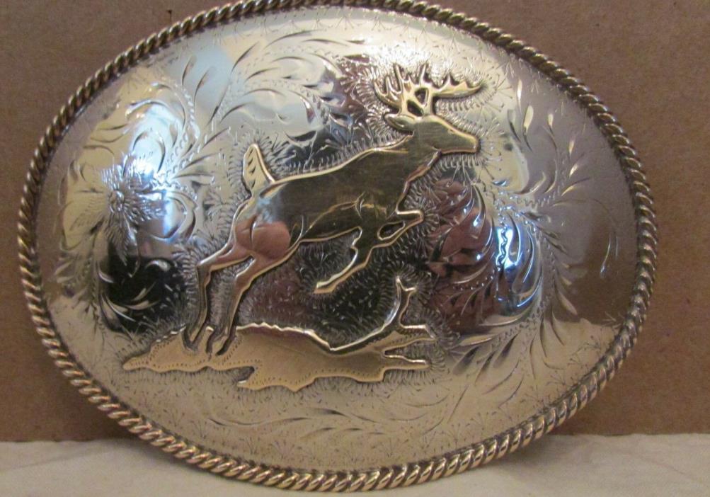 Large Oval Silver & Gold Leaping Deer Stag Belt Buckle