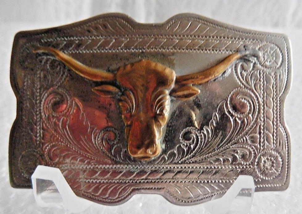 Vintage Mid Century Steer Head Nickel Silver Western Belt Buckle (A)