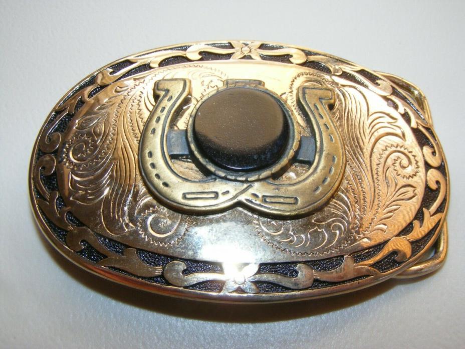 Vintage Brass Belt Buckle Good Condition Horse Shoes and Black Stone in center