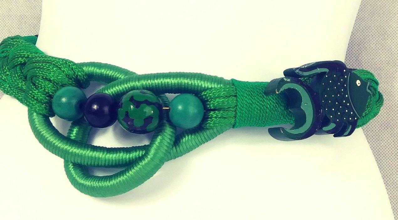 Carolyn Tanner Designer Rope Sash Tie Belt w/Wood Beads & Fish Green/Black Vtg