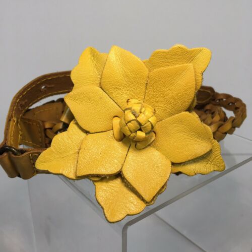 Vintage Yellow Flower Braided Leather Belt Mustard Hand Made Pin Buckle F10