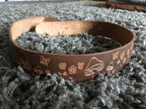 Vintage 70's hand tooled leather Mushroom Flowers Hippie Hippy Boho Brown belt