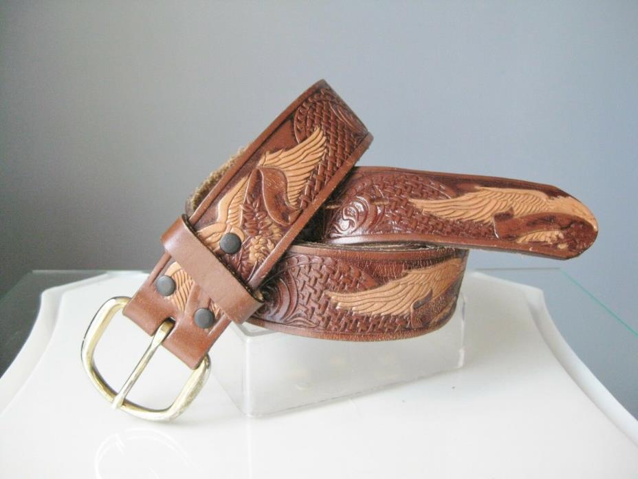 Tooled Leather Belt / Vtg / Brown Mexican made tooled leather belt with eagles