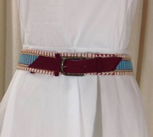 Vintage Woven Red Turquoise Ivory Fabric Belt Leather Buckle