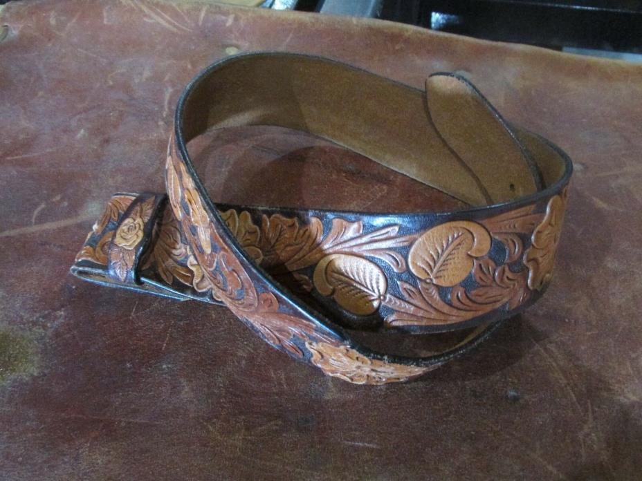 Vintage Ladies Western Leather Belt Hand Carved Rose Leaf Size 28 Belt Factory