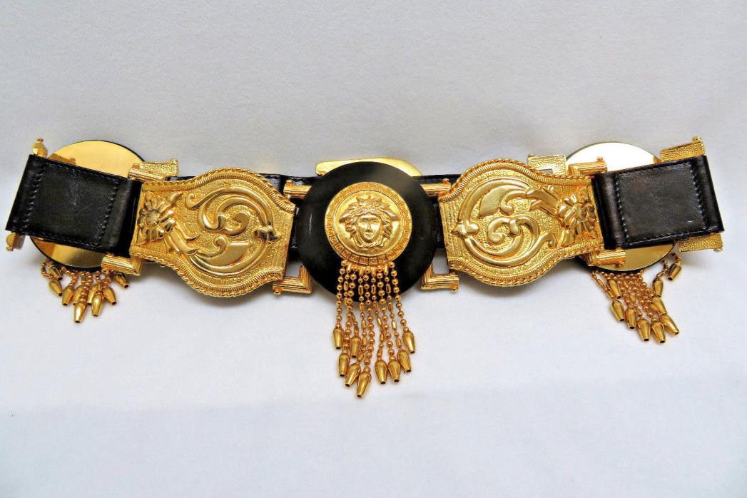 Versace Italy Womans Black Leather Belt w/ 18k Gold Plated Buckle & Coin Fringe
