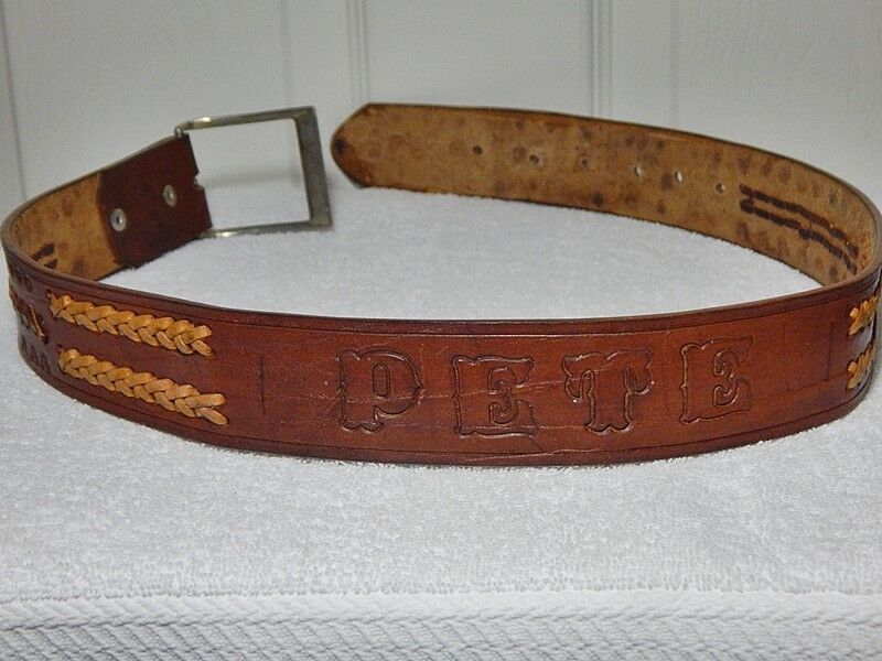 Vintage hand tooled Name PETE leather belt & buckle sz 29-34 western rockabilly