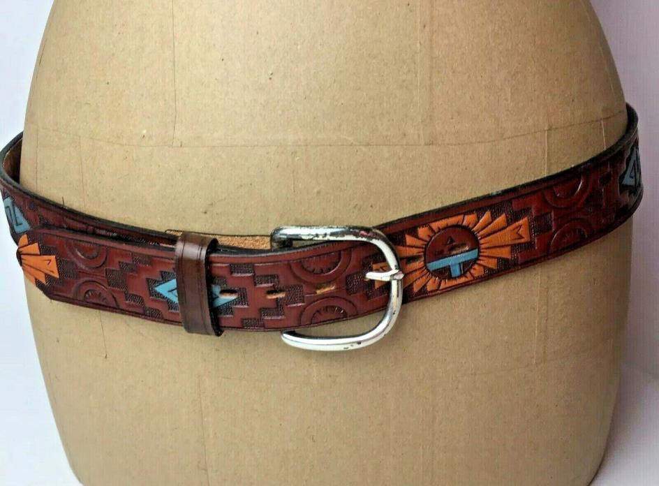 Vintage Tooled Aztec Southwestern Print Brown Leather Belt 1.5