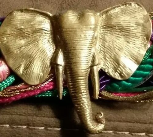 Vtg Multicolors cord/Velcro Belt w/ lg Gld tone metal Elephant medallion buckle.