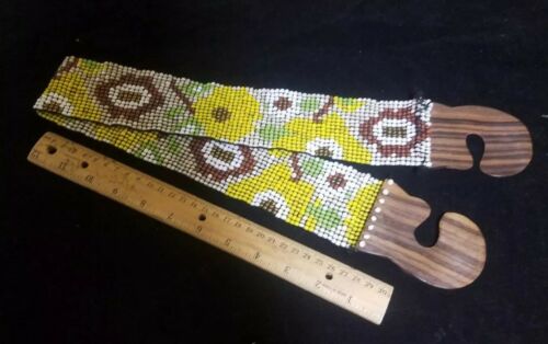 Vintage Mid Century Beaded Stretch Woman's Belt yellow brown 60s wood handles