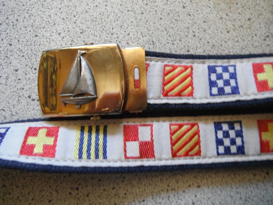 VINTAGE nautical preppy sailing Regatta flags BELT boating brass buckle USA