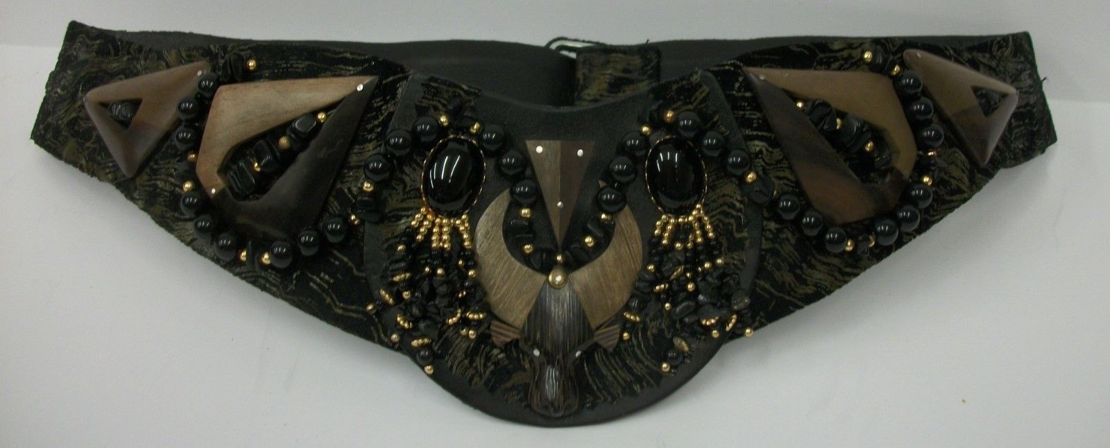 Vintage 1980s Salena's Collection Wooden Elk Head Black Beaded Statement Belt