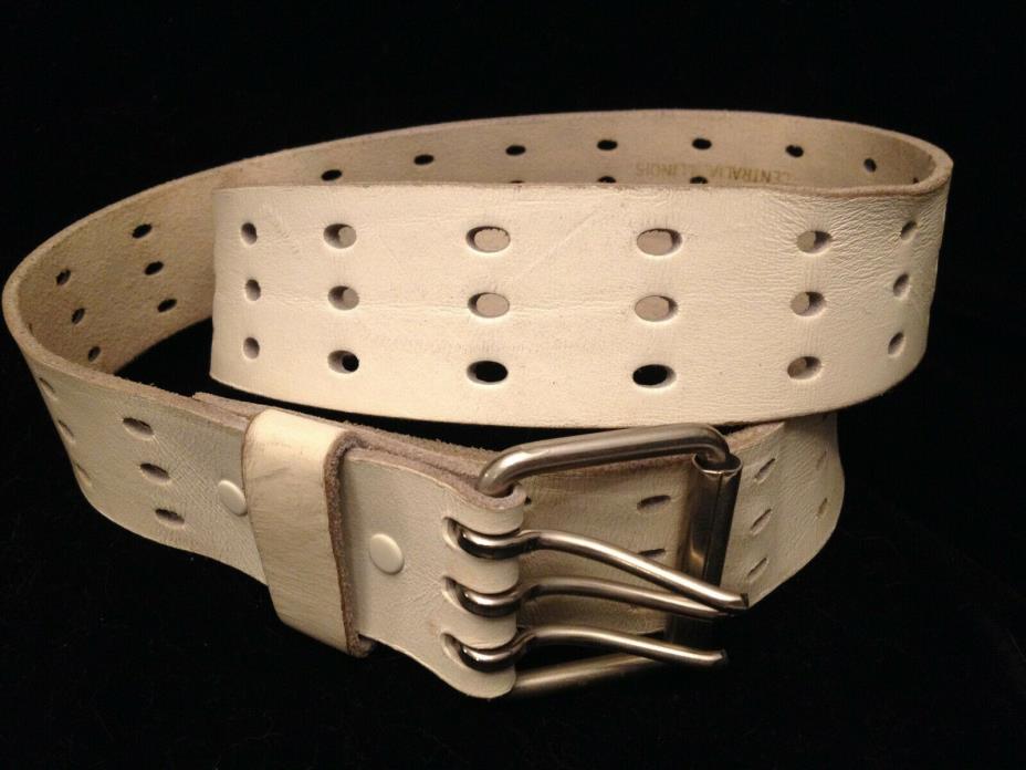WOMEN'S VINTAGE WHITE LEATHER BELT HARNESS COWHIDE BENCH MADE SILVER BUCKLE