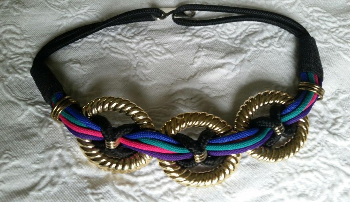 Vtg Braided Cord Rope Knot Belt Black Purple Blue Teal Magenta Gold 80s SALE