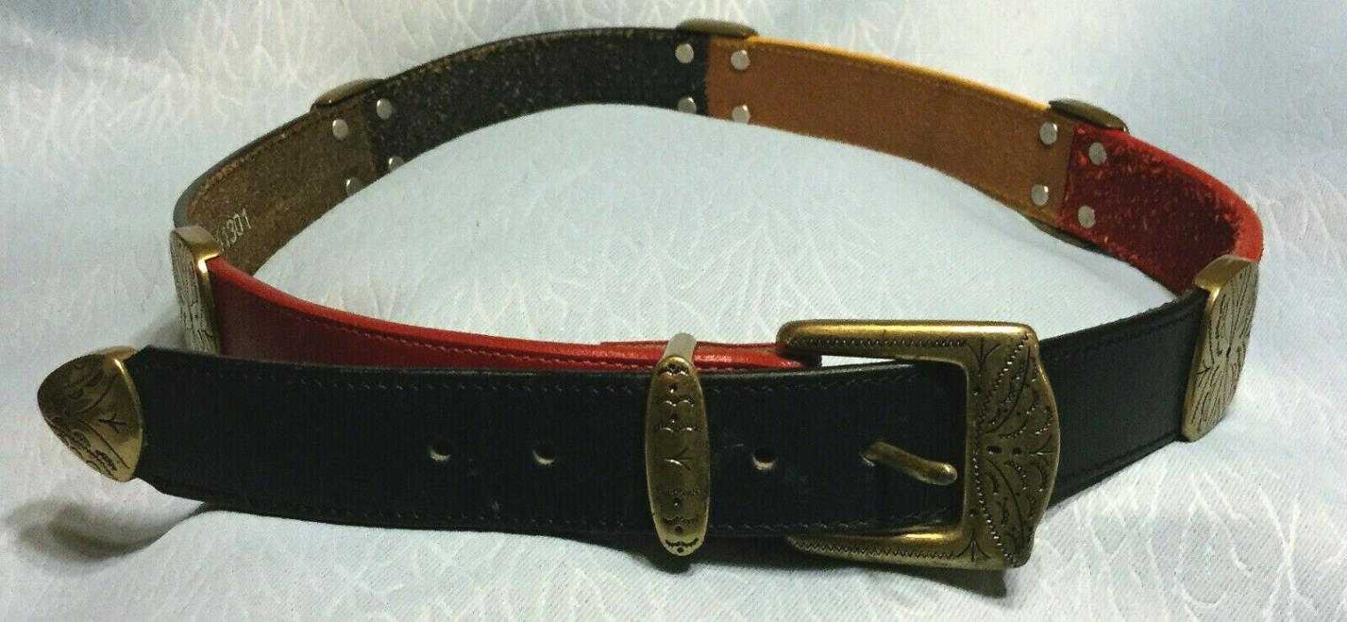 Vintage BRIGHTON Multi-Color Western Belt Gold Tone Conchos M #41301