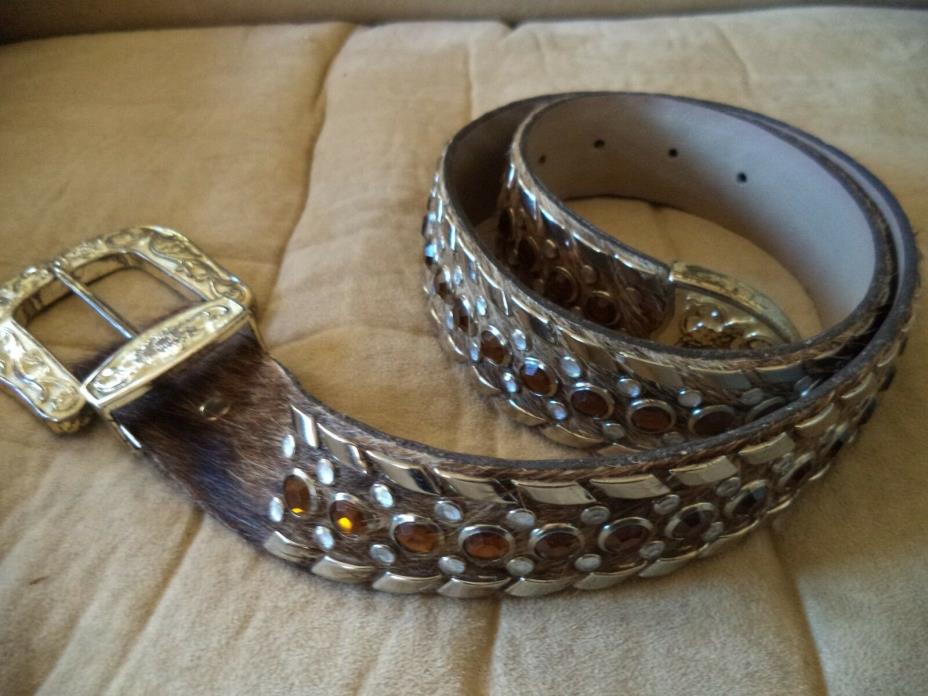 Brindle Cowhide (Hair On) Belt with Amber Crystals, Size S (28/30)