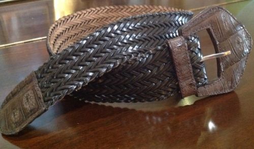 Vtg LASSO France Wide Belt Woven Braided Brown Leather Genuine Alligator Buckle