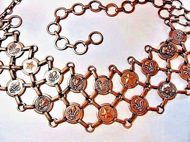 HEAVY COPPER PLATED METAL BELT REGAL LIONS STAR FLEUR DE LIS DESIGN MODERN WIDE
