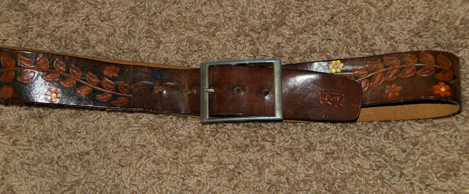 Levis Vintage Leather Belt with Etched Leaves & Painted Flowers - Size 30