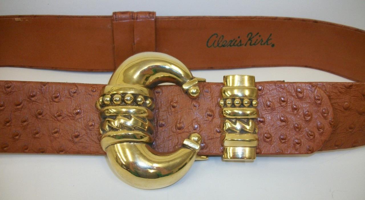 Vintage Alexis Kirk Signed Brown Ostrich Leather Belt w/ Large Gold Tone Buckle