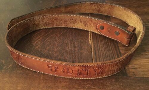 Vintage HAND TOOLED Belt Rare 70s 80s Original LEATHER Tony Belt Buckle