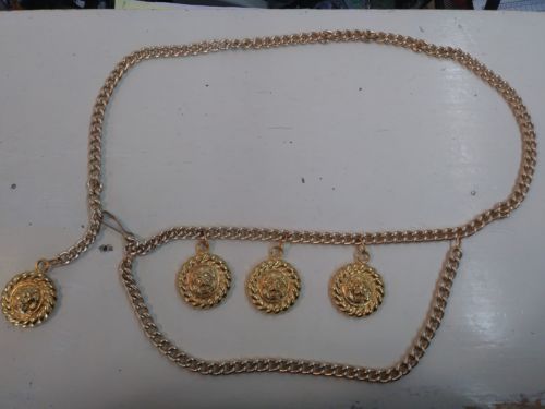 Vintage Gold Tone Double Swag Chain Belt w/ Lion Heads Dangle