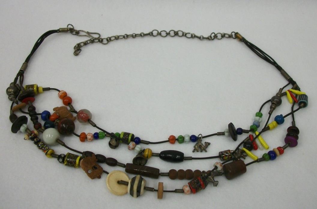 Vintage Multi Strand Black Leather Artisan Jewelry Belt Art Glass Beads Charms