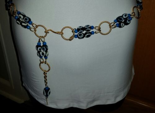 Vintage 1970's Retro Blue Glass Bead & Chain Belt
