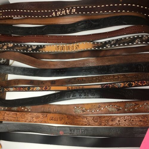 Vintage Leather Belt Lot of 16 Black Brown Tooled Name Stamped Various Sizes B